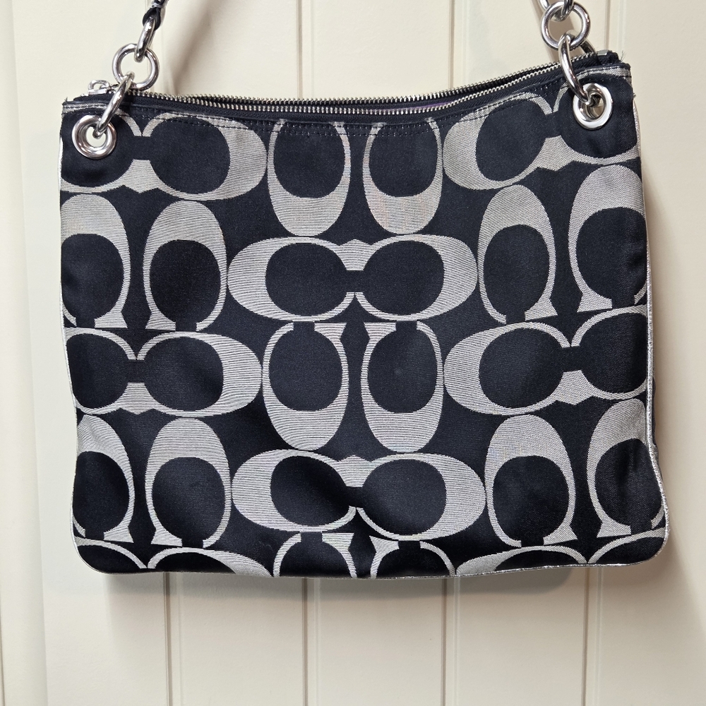 Coach Poppy Signature Sateen Pocket Swing Bag Black & Silver Crossbody Purple - Picture 5 of 13